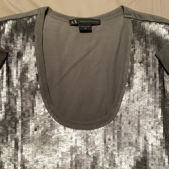 Armani Exchange Sequin Top with Mesh Sleeve - Picture 2 of 4